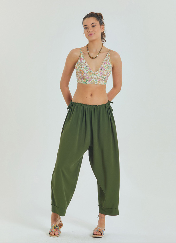 Green Women's Casual Trousers with Adjustable Waist and Rope Detail 4580